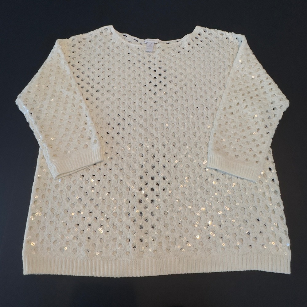 Chicos Sasha Womens Sz 2 Large Off White Open Knit Sequin 3/4 Sleeve Sweater Top